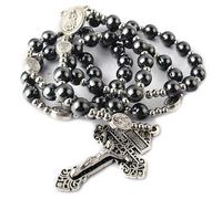 HanlinCC Collana rosario in ematite, unisex, con pietre nere e perline in acciaio inossidabile, lunghezza 48 cm, 8mm (Hematite), 4mm (Stainless Steel), Ematite, Croce