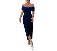HANMAX Donna Velet Wedding Guest Midi Dress Off The Shoulder Wrap Party Cocktail Formal Prom Dresses, Blu, L