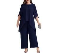 Hanna Nikole Abito da sera da donna, taglie grandi, in chiffon, elegante, in due pezzi, per feste, matrimoni, feste, cocktail, serate, paillette, top e top a vita alta, Blu scuro, 54/plus