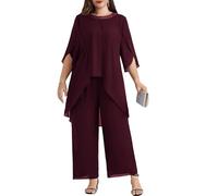 Hanna Nikole Abito da sera in chiffon taglie forti da donna set cocktail party elegante set 2 pezzi paillettes girocollo manica a pipistrello cardigan e pantaloni a vita alta tuta due pezzi, Vino