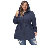 Hanna Nikole Cappotto impermeabile lungo con cappuccio, da donna, antivento, leggero e impermeabile, con cerniera, giacca sportiva con tasche, Blu scuro, 48 Grande taille