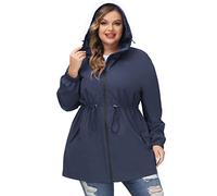 Hanna Nikole Cappotto impermeabile lungo con cappuccio, da donna, antivento, leggero e impermeabile, con cerniera, giacca sportiva con tasche, Blu scuro, 50 Grande taille