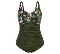 Hanna Nikole Damen Große Größen Einteiliger Badeanzug Bauchweg - Costume da bagno a forma di V-Ausschnitt Ruched Monokinis, Fiore D'Ulivo, XXL