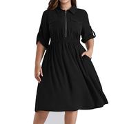 Hanna Nikole Donne di grandi dimensioni con scollo a V risvolto A Linee Abito Casual Regolabile Manica 3/4 Vestire Elastico Vita Al Ginocchio Abiti Con Tasche, Nero , 56 IT