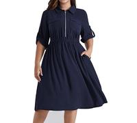 Hanna Nikole Donne di grandi dimensioni con scollo a V risvolto A Linee Abito Casual Regolabile Manica 3/4 Vestire Elastico Vita Al Ginocchio Abiti Con Tasche, Blu scuro, 52 IT