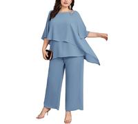 Hanna Nikole - Elegante completo da sera per donna, taglia grande, set da 2 pezzi, abito da cocktail, per feste, pantaloni festivi, camicia in georgette a due pezzi e pantaloni a vita alta, Grigio blu