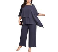 Hanna Nikole - Elegante completo da sera per donna, taglia grande, set di 2 pezzi, abito da cocktail, per feste, pantaloni festivi, camicia in georgette a due pezzi e pantaloni a vita alta, grigio, 54