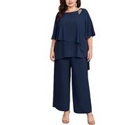 Hanna Nikole - Elegante completo da sera per donna, taglia grande, set di 2 pezzi, abito da cocktail, per feste, pantaloni festivi, camicia in georgette a due pezzi e pantaloni a vita alta, blu scuro
