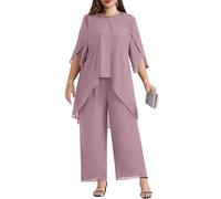 Hanna Nikole Plus Size Madre della Sposa Abito Pantalone in Chiffon per Ospite di Matrimonio 2 Pezzi Vestito Festival Elegante Paillettes Girocollo e Vita Alta Cotail da Sera Set Formale
