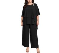 Hanna Nikole Set da donna di grandi dimensioni, elegante da sera, 2 pezzi, per cocktail, feste, in chiffon e a vita alta, Nero, 48-50 Große Größen