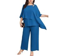 Hanna Nikole Set da sera da donna, in chiffon, per cocktail, feste, elegante, 2 pezzi, a vita alta, in due pezzi, Blu pavone, 50 Große Größen