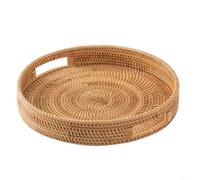 HanOaki Vassoio da portata in rattan intrecciato con manici, cestino rotondo decorativo rustico per riporre ottomano, tavolino da caffè, cucina, picnic, centrotavola, decorazione per la casa (35 cm)