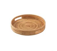 HanOaki Vassoio da portata in rattan intrecciato con manici, cestino rotondo decorativo rustico per riporre ottomano, tavolino da caffè, cucina, picnic, centrotavola, decorazione per la casa (25 cm)