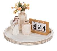 Hanobe Grande vassoio decorativo rotondo: tavolino da caffè bianco da 45 cm, vassoio con perline in stile rustico, grandi vassoi in legno, decorazione per casa colonica, ottomana, centrotavola vintage