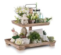 Hanobe Vassoio a più livelli in legno rustico a 2 ripiani, decorativo, due rettangolari, in legno, per cucina, centrotavola, bar, Pasqua, autunno, Halloween, Ringraziamento, decorazioni natalizie