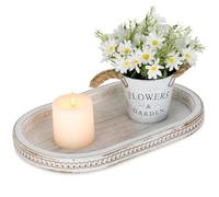 Hanobe Vassoio da portata decorativo bianco: vassoio da caffè con perline vassoio rustico vintage in legno centrotavola decorazione fattoria cucina bancone organizzatore casa ovale