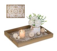 Hanobe Vassoio da portata decorativo in legno: vassoio da caffè con manici, decorazione bohémien, per centrotavola, vassoio rettangolare rustico ottomano marrone per piano di lavoro del soggiorno