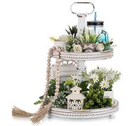 Hanobe Vassoio decorativo a più livelli, in legno, a 2 ripiani, con due vassoi decorativi bianchi rotondi con perline per bagno, cucina, tavolino da caffè, centrotavola, bancone, decorazione
