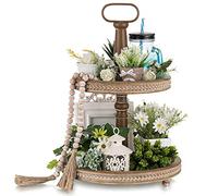 Hanobe Vassoio decorativo a più livelli in legno a 2 ripiani, due vassoi decorativi rotondi con perline per bagno, cucina, tavolino da caffè, centrotavola, bancone, Halloween, Natale, San Valentino