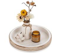 Hanobe Vassoio decorativo in legno rotondo: vassoio bianco con perline lavate per tavolino da caffè, vassoi in legno rustici, decorazione per fattoria, cucina, casa, bagno organizzatore