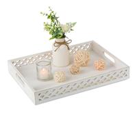 Hanobe Vassoio decorativo in legno: tavolino da caffè bianco centrotavola vassoi in legno con manici per ottomano rettangolare grande decorazione per la casa di fattoria, intagliato a mano