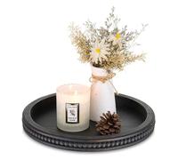Hanobe Vassoio decorativo rotondo in legno: piccolo nero marrone vassoi decorativi per tavolino da caffè con perle rustiche mini servizio vassoio fattoria Deco per pasto divano cucina, 30 cm