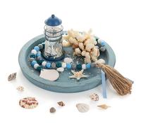 Hanobe, vassoio decorativo tema spiaggia: vassoio da caffè con decorazione a tema nautico, rotondo, in legno, stile oceano, per piano di appoggio del bagno, centrotavola rustico, blu