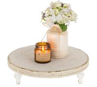 Hanobe Vassoio in Legno Decorativo Rustico: Rotondo Bianco Piccolo Con Piede e Perline - Vintage Mini Piatti Fattoria per Pasto, Divano, Cucina 30 cm