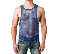 Hanraz Camicia a rete da uomo Rave Outfit - Party trasparente biancheria intima a rete Techno Night Club Kinkywear Streetstyle maglia muscolare maglia maglia trasparente Clubwear, Blu, XL