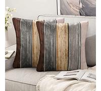 Hanrunsi Federe Cuscini Divano 50x50 Marrone Grigio Federe Lino Moderno Fodere Decorative per Cuscini Quadrato Legno Striscia Retro Cuscino per Divano Auto Letto Soggiorno Home Decor Set di 2
