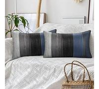 Hanrunsi Fodera per Cuscino 30x50 cm Copricuscini Blu Decorativo Federa per cuscino Strisce di Legno Scuro in Lino Rustico Retrò per Divano Soggiorno Sedia Letto Set di 2
