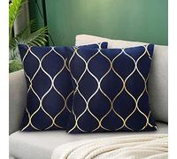 Hanrunsi Fodera per Cuscino in Velluto Blu Navy 40x40 cm con Federe Geometriche Dorate 16 x 16 Cuscini Quadrati Decorativi in Velluto Set di 2 per Poltrone da Soggiorno
