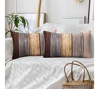 Hanrunsi Fodere per Cuscini Lino 30x50 cm Marrone Grigio Lino Moderno Fodere Decorative per Cuscini Legno Striscia Retro Cuscino per Divano Sedie Picnic Camera da Letto Set di 2