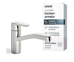 Hansa 51591193 HANSAPOLO DN15-Miscelatore per lavello a Bassa Pressione, Montaggio per Piani di Lavoro Fino a 45 mm, erogatore orientabile (120°/60°), sporgenza: 216 mm, Cromo