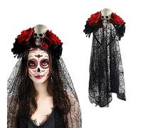 HANSAMU Fascia per capelli messicana con velo per il giorno dei morti, corona floreale con rose e teschio morto, per Halloween e feste in maschera