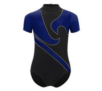 Hansber Abbigliamento Per Danza Per Bambini Bambini Body Da Danza Strass Luccicante Maglia Per Ginnastica A Maniche Corte Overall Sportivo A Blocchi Colorati Blu navy 7-8 anni