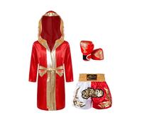 Hansber Abbigliamento Wushu per Bambini Set Boxe per Bambini E Bambina Pantaloncini da Boxe Veste Muay Thai Guantoni da Boxe Abbigliamento Sportivo per Arti Marziali Borgogna e Giallo 5-6 Anni