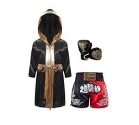 Hansber Abbigliamento Wushu per Bambini Set Boxe per Bambini E Bambina Pantaloncini da Boxe Veste Muay Thai Guantoni da Boxe Abbigliamento Sportivo per Arti Marziali Nero e Oro 13-14 Anni
