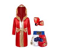 Hansber Abbigliamento Wushu per Bambini Set Boxe per Bambini E Bambina Pantaloncini da Boxe Veste Muay Thai Guantoni da Boxe Abbigliamento Sportivo per Arti Marziali Borgogna e Blu 7-8 Anni