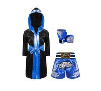 Hansber Abbigliamento Wushu per Bambini Set Boxe per Bambini E Bambina Pantaloncini da Boxe Veste Muay Thai Guantoni da Boxe Abbigliamento Sportivo per Arti Marziali Nero e Blu 15-16 Anni