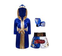 Hansber Abbigliamento Wushu per Bambini Set Boxe per Bambini E Bambina Pantaloncini da Boxe Veste Muay Thai Guantoni da Boxe Abbigliamento Sportivo per Arti Marziali Blu Reale 11-12 Anni