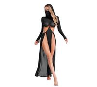 Hansber Babydoll Abito Donna Lungo Rete Mesh Abito da Festa High Cut Maxi Abito Cut out Abito con Cappuccio Senza Schiena Taglia S XL Nero S