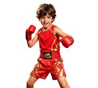 Hansber Uniforme Kickboxing Bambini Shorts MMA Bambini Set Boxer Box Giovani Vestito Boxe Completo Rosso T Shirt E Short Boxe Bambino Boxing Rosso 5-6 Anni