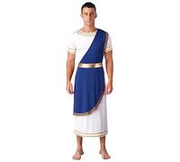Hansber Uomo Imperatore Di Roma Costume Cesare Dio Greco Carnevale Travestimento Toga A Maniche Corte Abito Veste Patchwork Lunga Taglia S3xl Blu L