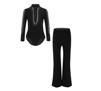 Hansber Vestiti Da Danza Latino Per Bambini Bambini Abito Da Danza A Maniche Lunghe Strass Luccicante Body Con Ritaglio Tshirt Da Danza Con Pantaloni Latini Nero 7-8 anni