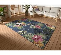 HANSE Home Tropical Dream - Tappeto per interni ed esterni, tessuto piatto con palme floreali, certificato Oeko-Tex e resistente ai raggi UV, per balcone, terrazza, giardino, blu, multicolore, 200 x