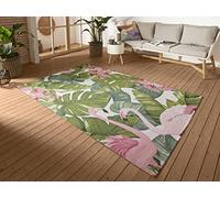 HANSE Home Tropical Flamingo Tappeto per interni ed esterni, tessuto piatto, design a palme floreali, certificato Öko-Tex resistente alle intemperie e ai raggi UV, per balcone, terrazza, giardino,