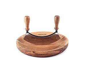 Hanseküche Tritatutto con Tagliere Certificato FSC, Coltello a Doppia Lama, Coltello Pieghevole in Acciaio Inox Affilato con Tagliere in Legno di Acacia, per Erbe e Spezie, Mezzaluna