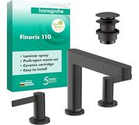 hansgrohe Finoris - Miscelatore per lavabo a 3 fori con push-open, Miscelatore lavabo risparmio idrico (EcoSmart) con altezza bocca 113 mm, cromo nero spazzolato, 76033340