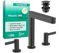 hansgrohe Finoris - Miscelatore per lavabo a 3 fori con push-open, Miscelatore lavabo risparmio idrico (EcoSmart) con altezza bocca 162 mm, cromo nero spazzolato, 76034340